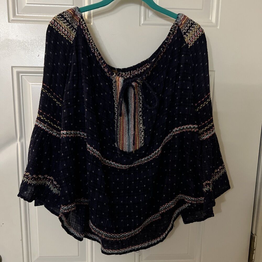 Free People Navy and Multicolor Boho Blouse